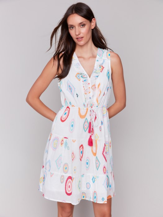 Charlie B sleeveless cotton ruffle dress with colorful print and V-neckline