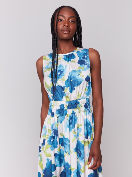Printed Sleeveless Flowy Satin Dress