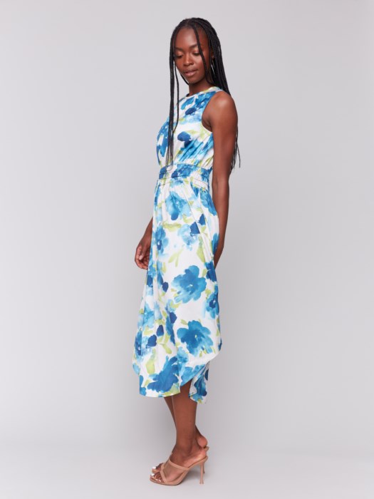 Printed Sleeveless Flowy Satin Dress