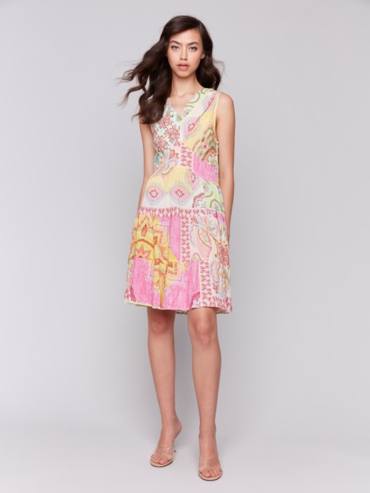 Charlie B sleeveless V-neck tiered dress in printed pattern