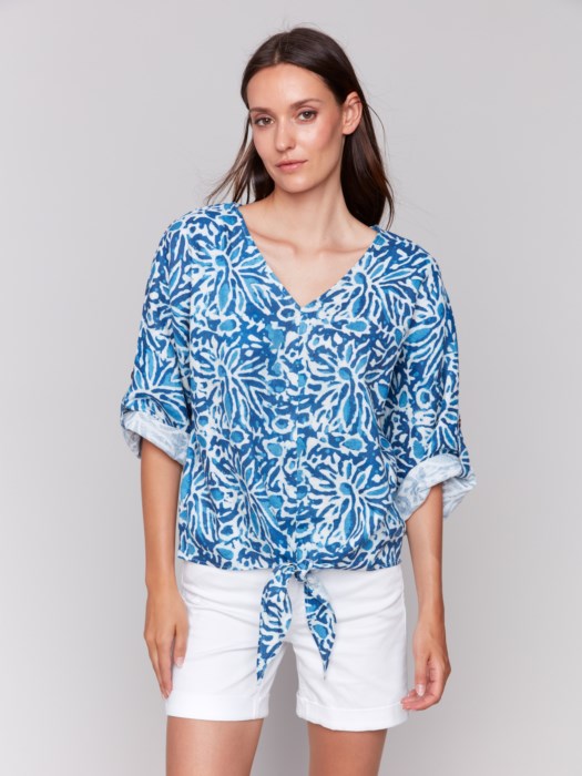 Charlie B Printed Tie Front Top Reef