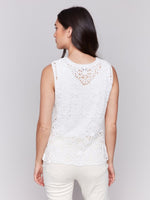 Back view of white sleeveless crochet tank top In white