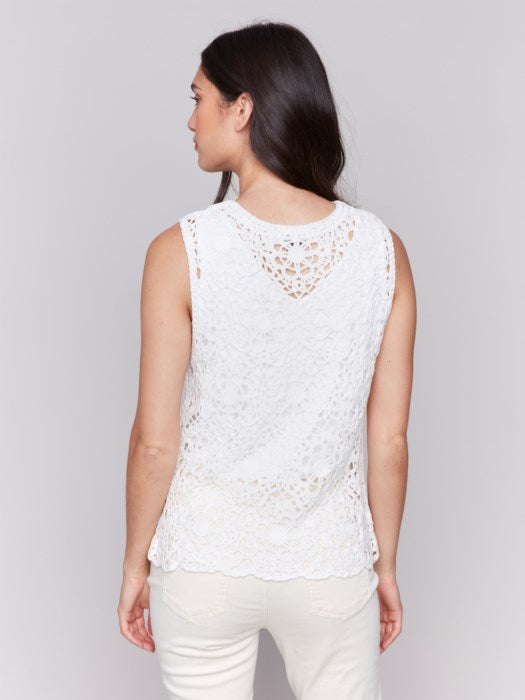 Back view of white sleeveless crochet tank top In white