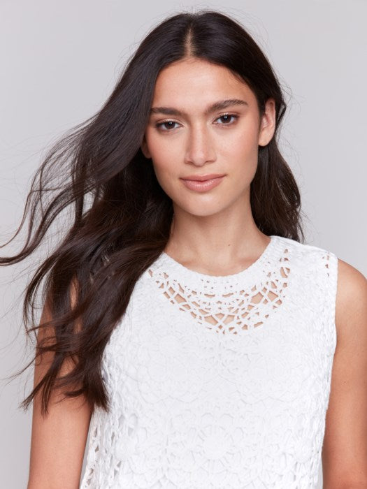 Lightweight open-knit crochet tank with flower pattern in white