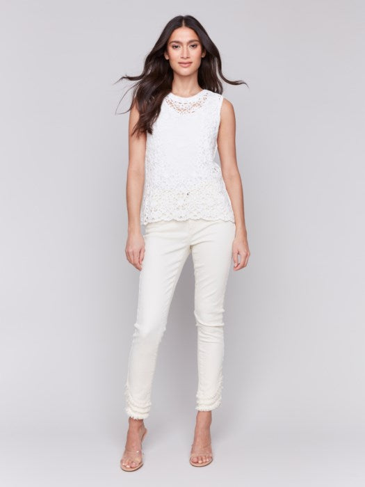 Charlie B floral crochet sleeveless top with crew neckline in white