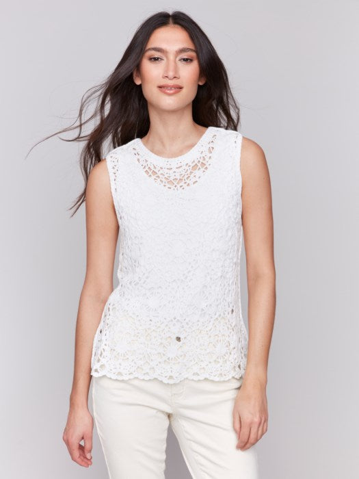 Charlie B floral crochet sleeveless top with crew neckline in white