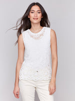 Charlie B floral crochet sleeveless top with crew neckline in white