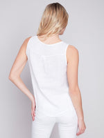 Back view of breathable linen tank top for warm weather in White