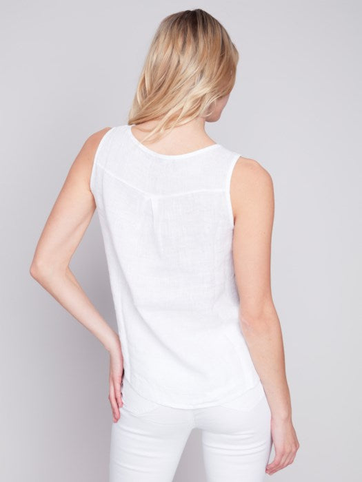Back view of breathable linen tank top for warm weather in White