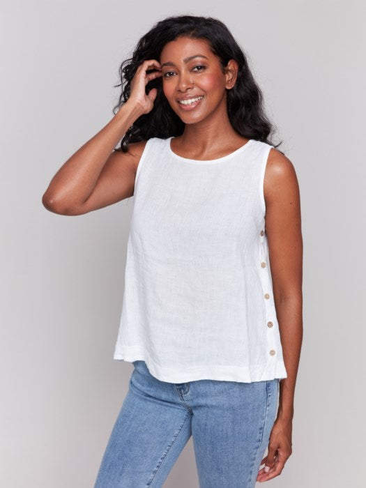 Charlie B sleeveless linen top with crew neck and side buttons in White