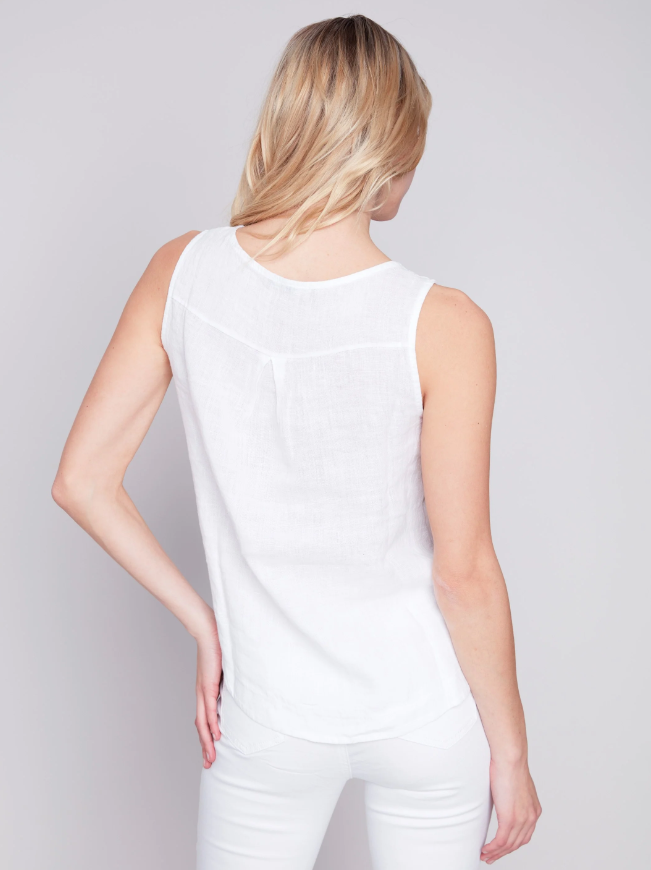 Charlie B Sleeveless Linen Top with Side Buttons White
