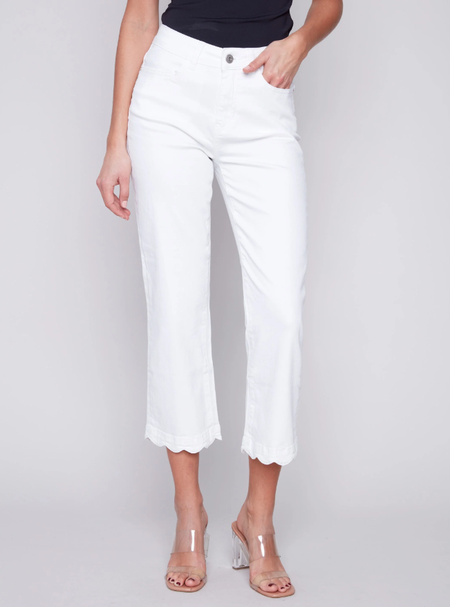 Charlie B Straight Leg Twill Jeans with Scallop Hem White