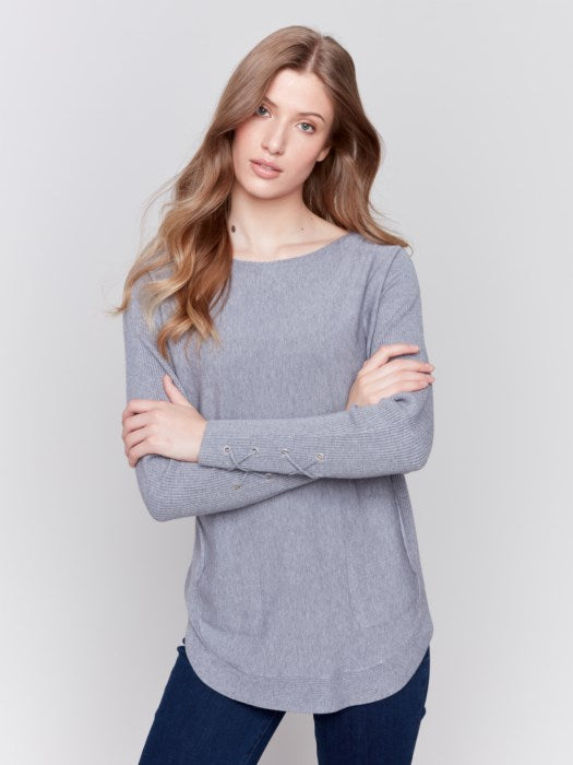 Charlie B Sweater with Lace-Up Cuffs Heather Grey