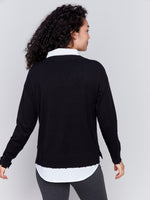 Charlie B V-Neck Fooler Sweater with Shirt Collar