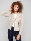 Charlie B faux leather jacket with knit sleeves and vintage metallic finish