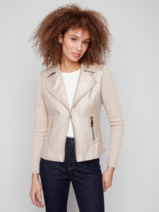 Front view of moto-style jacket with zip and snap button closure
