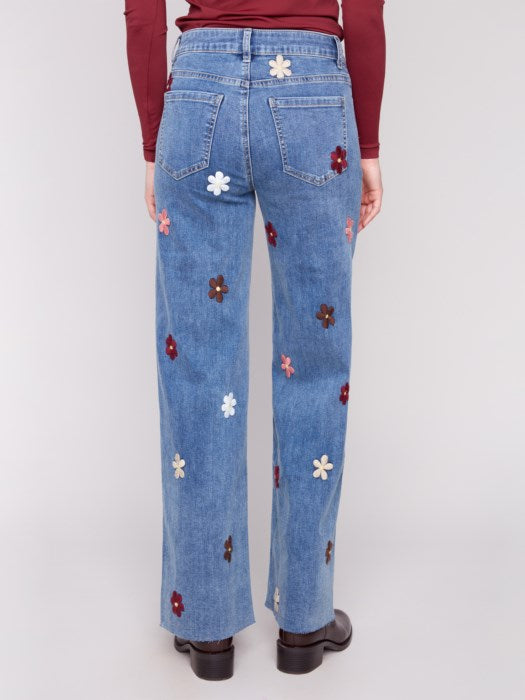 Wide Leg Jeans With Flower Patches