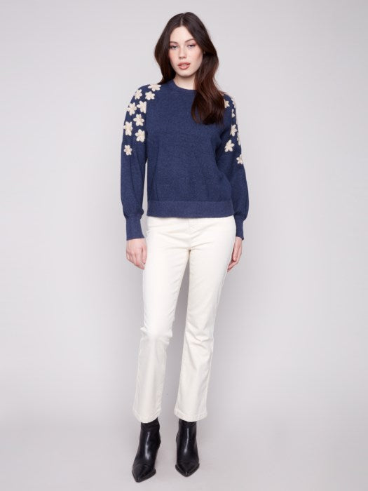 Crew Neck Sweater With Embroidered Flowers