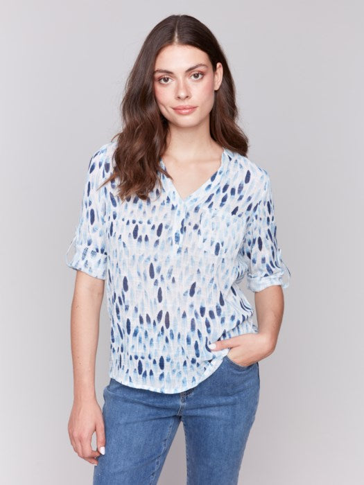 Printed Gauze Half-Button Blouse
