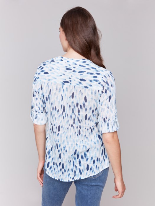 Printed Gauze Half-Button Blouse