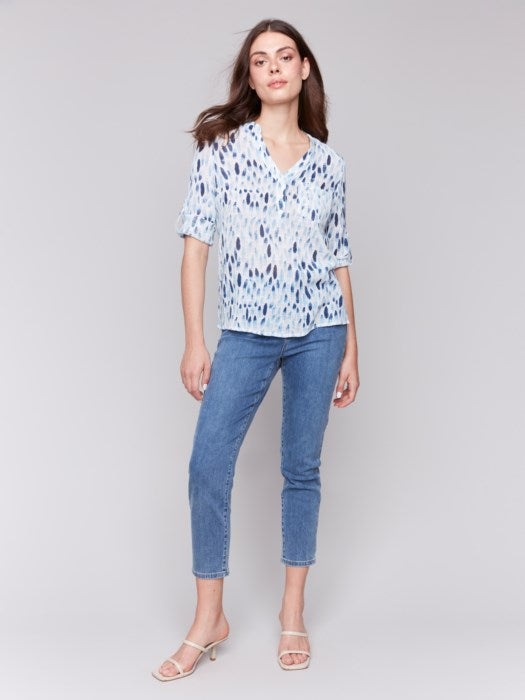 Printed Gauze Half-Button Blouse