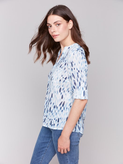 Printed Gauze Half-Button Blouse