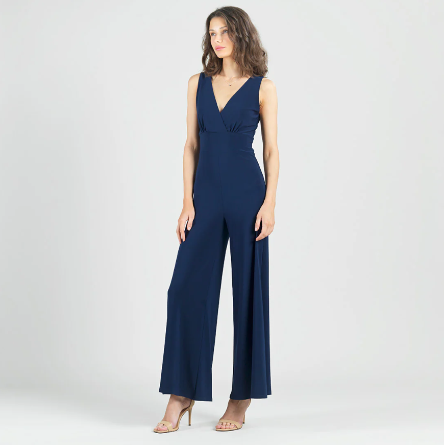 Front view of Clara SunWoo Signature Jumpsuit with surplice V-neckline and wide-leg silhouette

