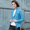 Wrinkle-free liquid leather jacket styled with casual outfit in the color sky blue