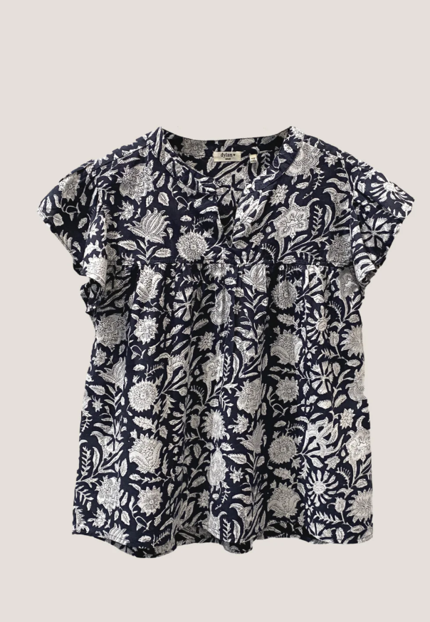 Close-up of shirring detail and floral pattern on Dylan Magnolia Top