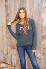Wooden Ships Candy Cane Crew sweater with rolled neck and festive knit pattern