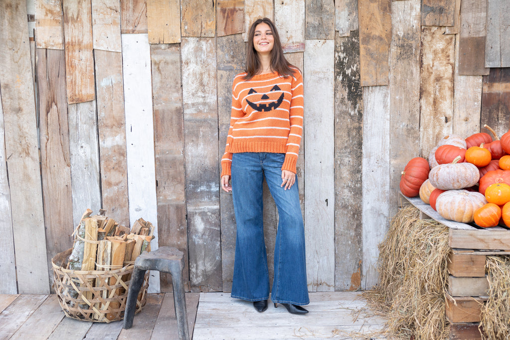 Jack-O-Lantern Stripe Crew sweater with knit pumpkin face and stripes