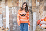 Jack-O-Lantern Stripe Crew sweater with knit pumpkin face and stripes