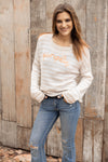 Front view of Pumpkin Striped Crew with “Pumpkin” embroidered on stripes
