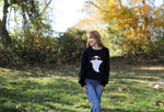 Cozy fall sweater featuring whimsical ghost with heart sunglasses