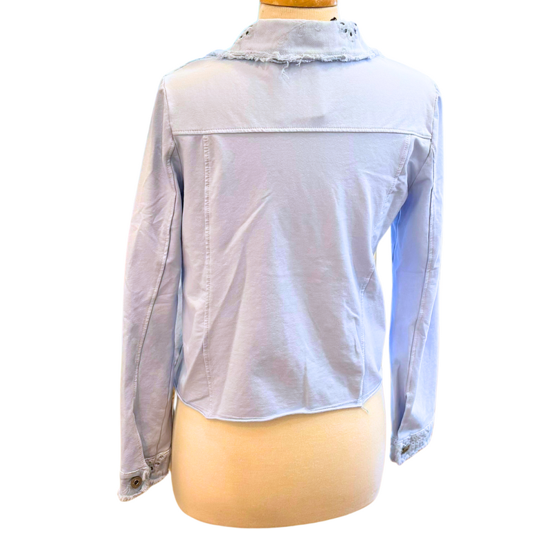 Femme Fatale Embroidered Eyelet Jacket – Women's cropped spring jacket with button front, eyelet embroidery, frayed edges, and soft stretch jersey sleeves and back. Stylish and versatile layering piece. In the color Ice.