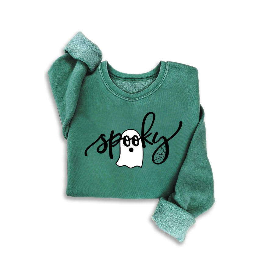 Spooky mineral washed sweatshirt with ghost-eye “oo” graphic