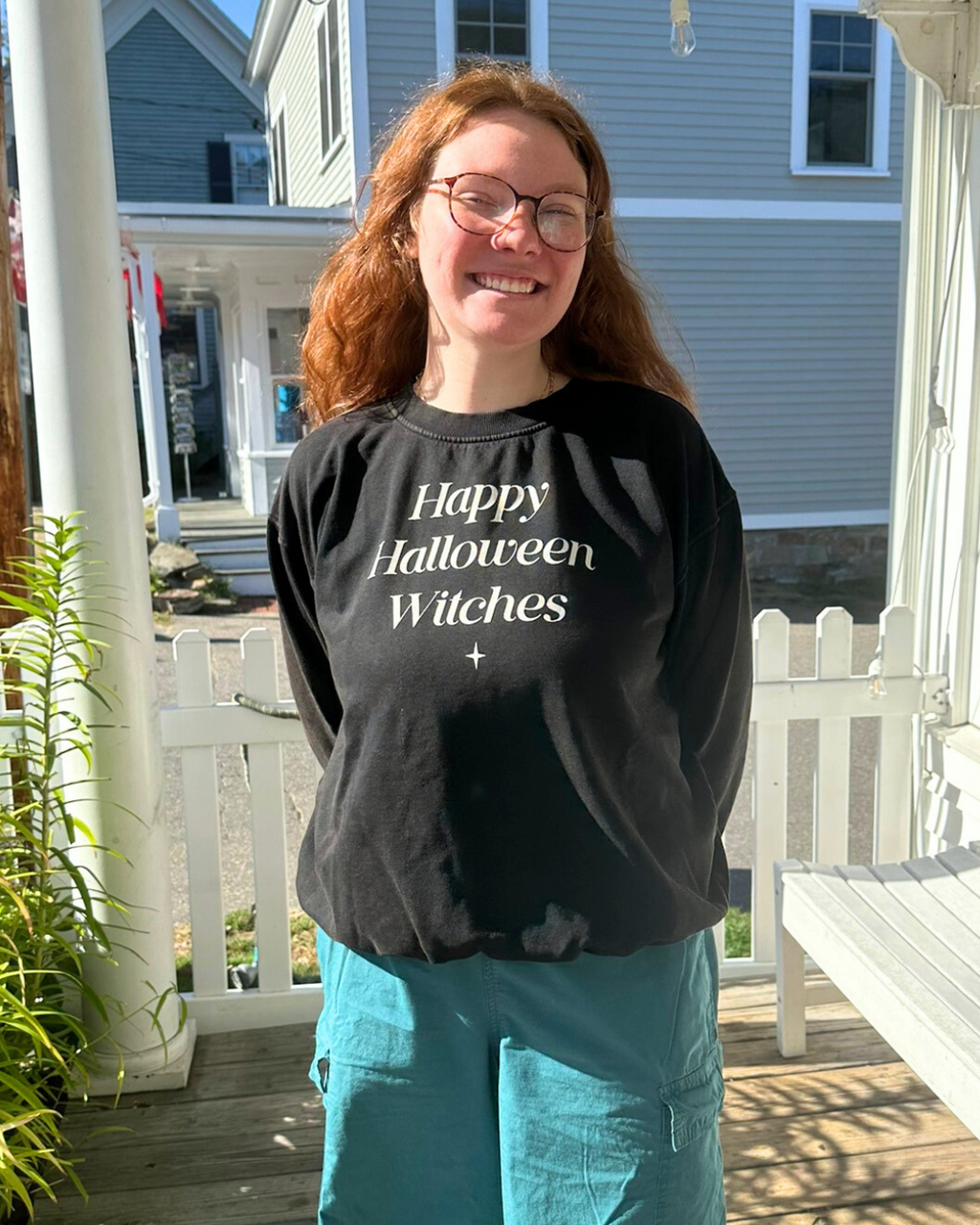 Happy Halloween Witches Sweatshirt with vintage-style screen print.