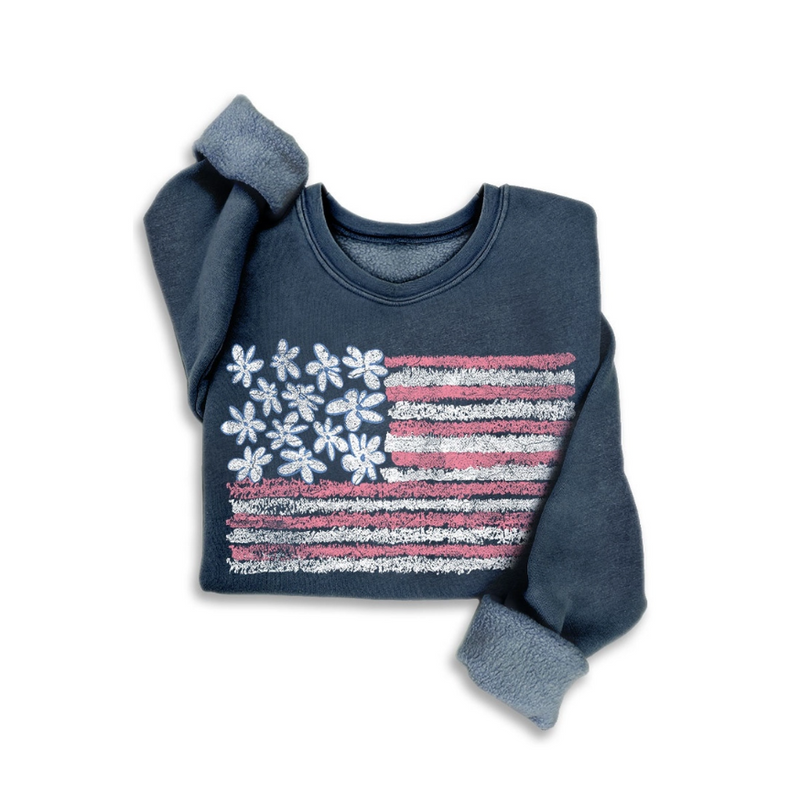 Daisy Flag Sweatshirt laid flat showing front graphic and mineral wash
