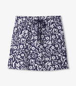 Front view of A-line floral skirt with drawcord and elastic waistband
