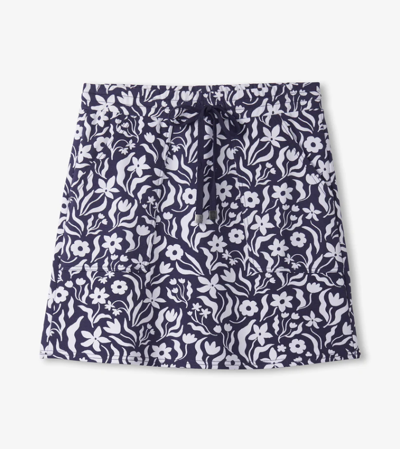 Front view of A-line floral skirt with drawcord and elastic waistband
