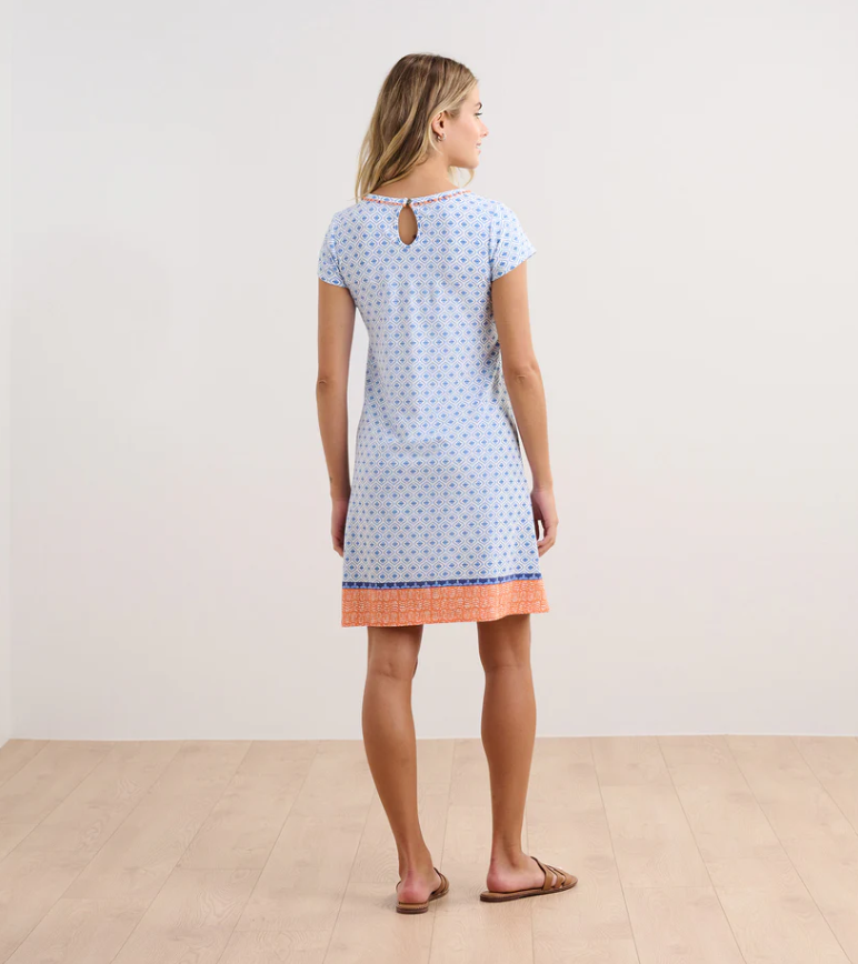 Floral A-line dress with pom pom neckline trim and keyhole back