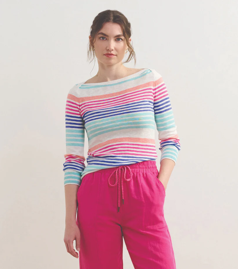 Front view of Breton Tee in cherry red stripes with envelope neckline