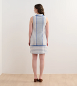 Classic shift dress with blue stripes, side slits, and French terry embroidery detail