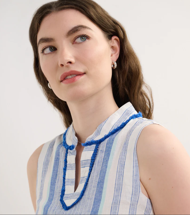 The Marin Dress in Blue Stripes – Sleeveless linen cotton shift dress with side pockets