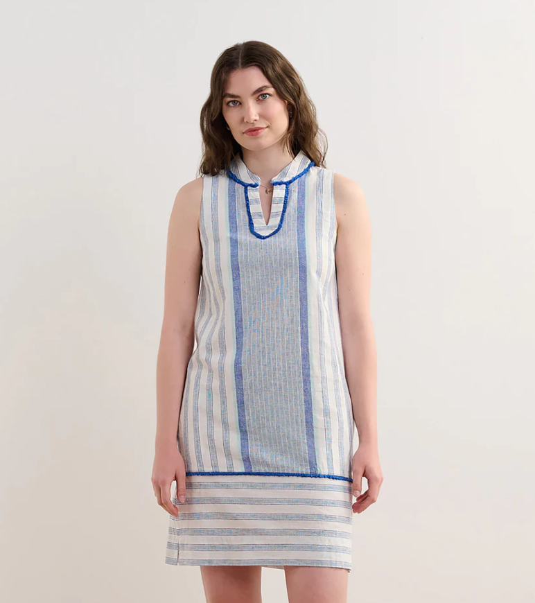 The Marin Dress in Blue Stripes – Sleeveless linen cotton shift dress with side pockets