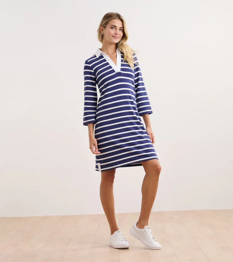 Front view of Taylor Dress in Nautical Stripes with A-line silhouette and woven collar