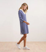 Side profile of 3/4 sleeve French terry dress with preppy navy-inspired stripes