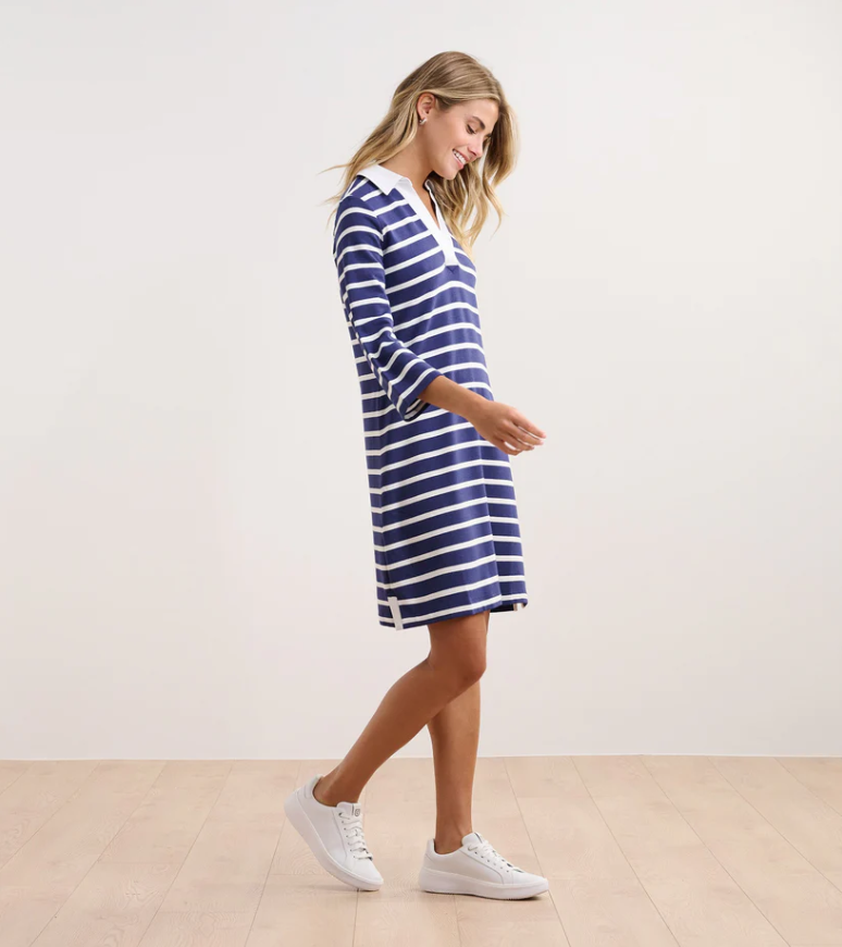 Side profile of 3/4 sleeve French terry dress with preppy navy-inspired stripes
