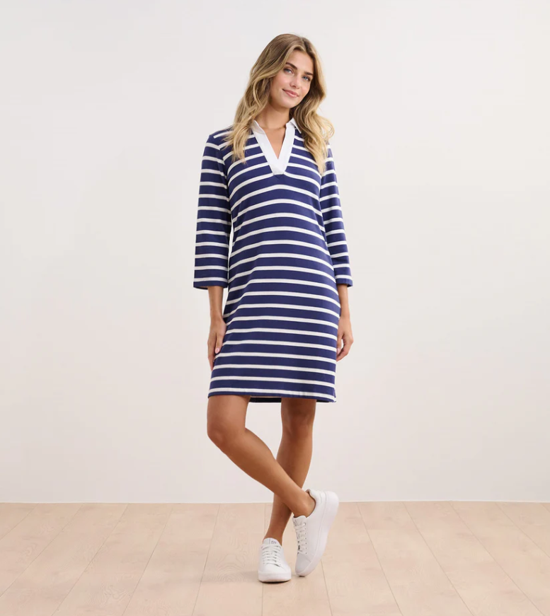 Front view of Taylor Dress in Nautical Stripes with A-line silhouette and woven collar