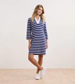 Front view of Taylor Dress in Nautical Stripes with A-line silhouette and woven collar